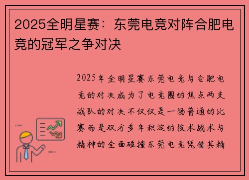 2025全明星赛：东莞电竞对阵合肥电竞的冠军之争对决