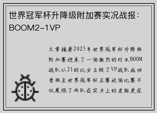 世界冠军杯升降级附加赛实况战报：BOOM2-1VP